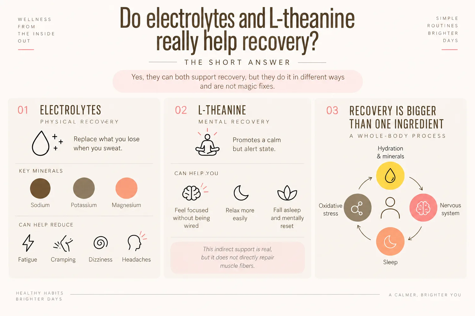Infographic comparing electrolytes, L-theanine, and whole-body recovery with simple icons and pastel diagrams