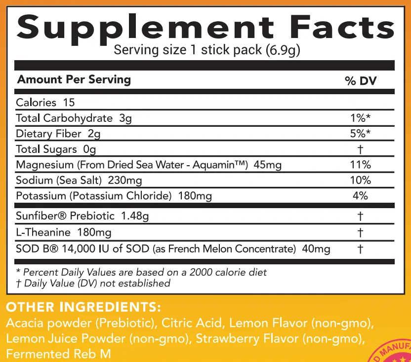 Supplement Facts label listing calories, electrolytes, and other ingredients.