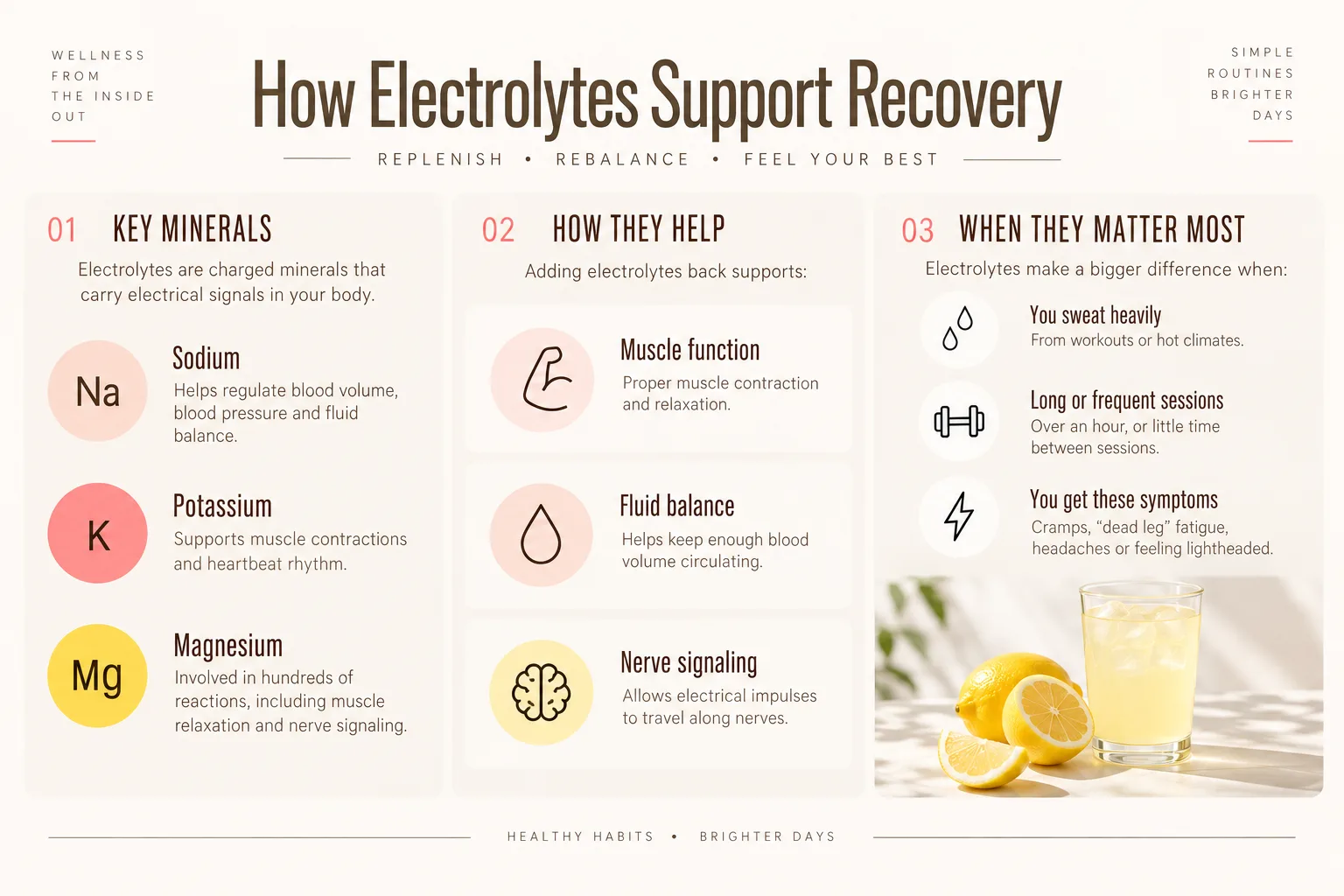 Infographic explaining key electrolytes, how they support recovery, and when they matter most, with a lemon drink photo