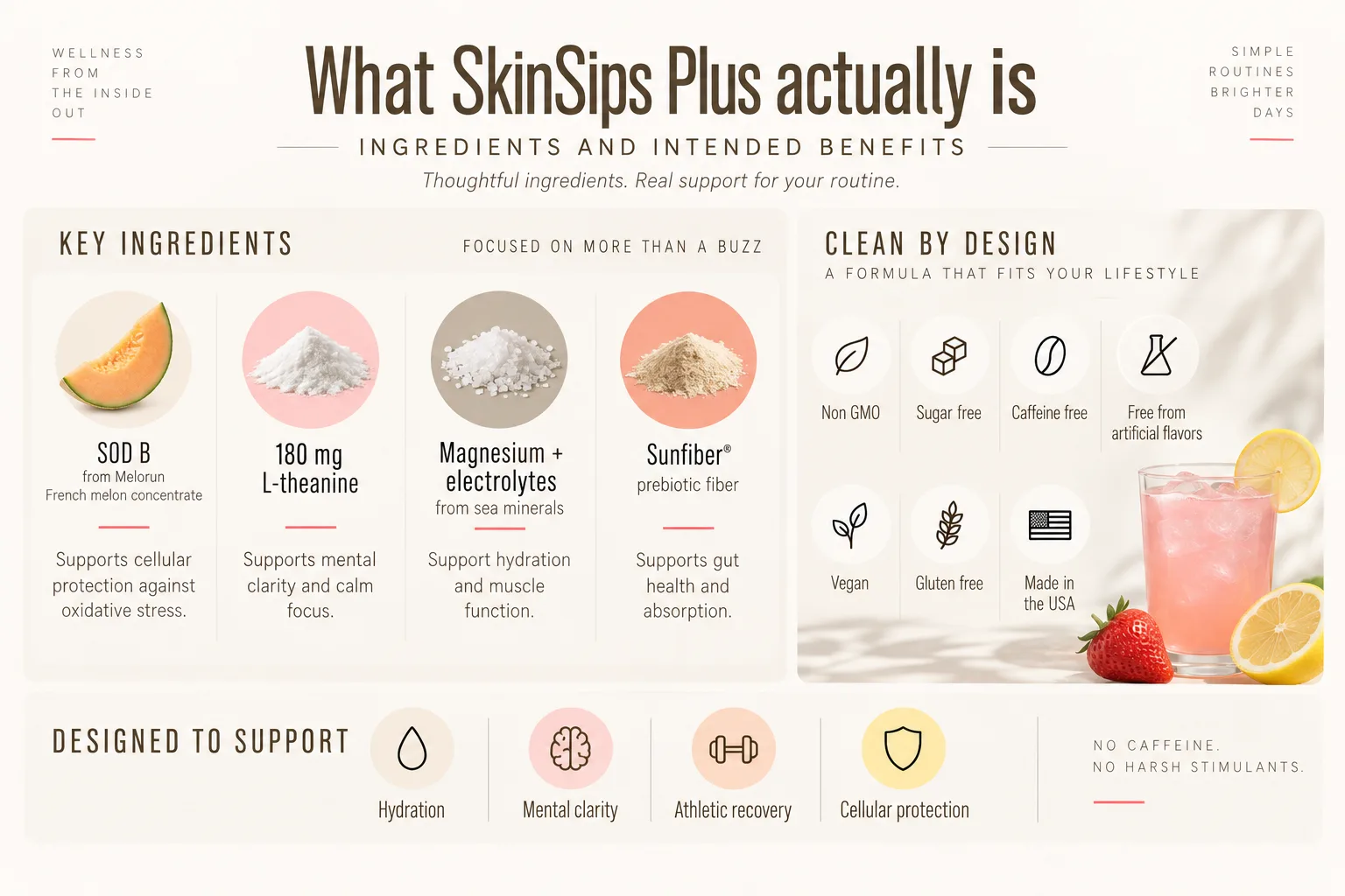 Promotional ingredient panel listing key ingredients, clean-by-design icons, and benefits for SkinSips Plus