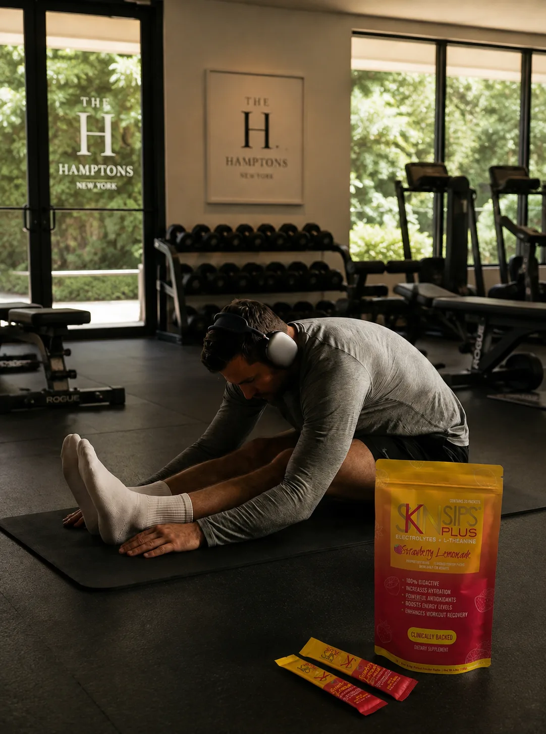 Person stretching on a gym mat beside a SkinSips drink mix pouch and stick packs.