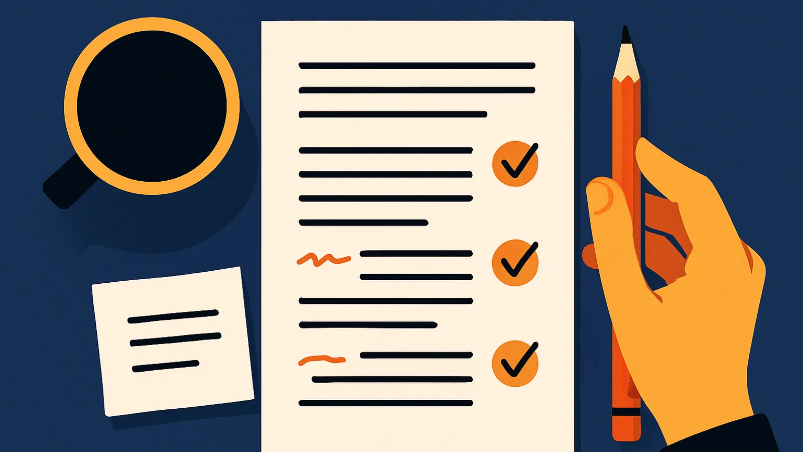 A flat-lay graphic of an edited blog manuscript with a pencil and review marks. — ai-written blog posts