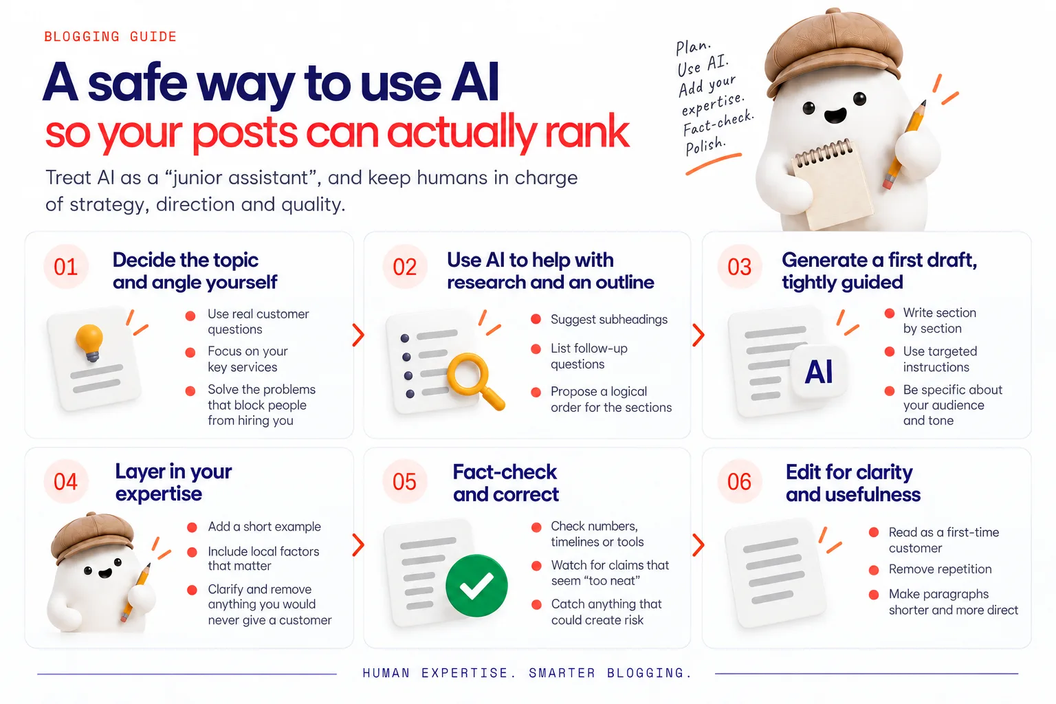 A branded step-by-step workflow with six numbered stages: decide the topic and angle, use AI for research and outline, generate a first draft, layer in expertise, fact-check and correct, and edit for clarity and usefulness.