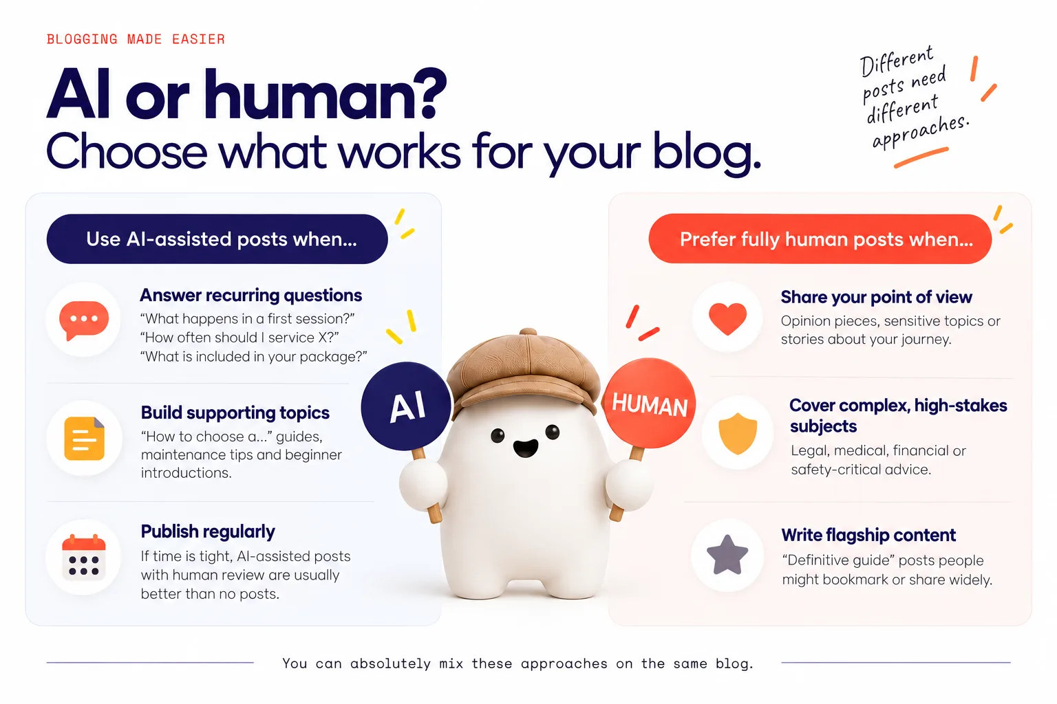 A comparison chart with two columns: use AI-assisted posts when and prefer fully human or specialist-written posts when, including the section’s example situations under each side.