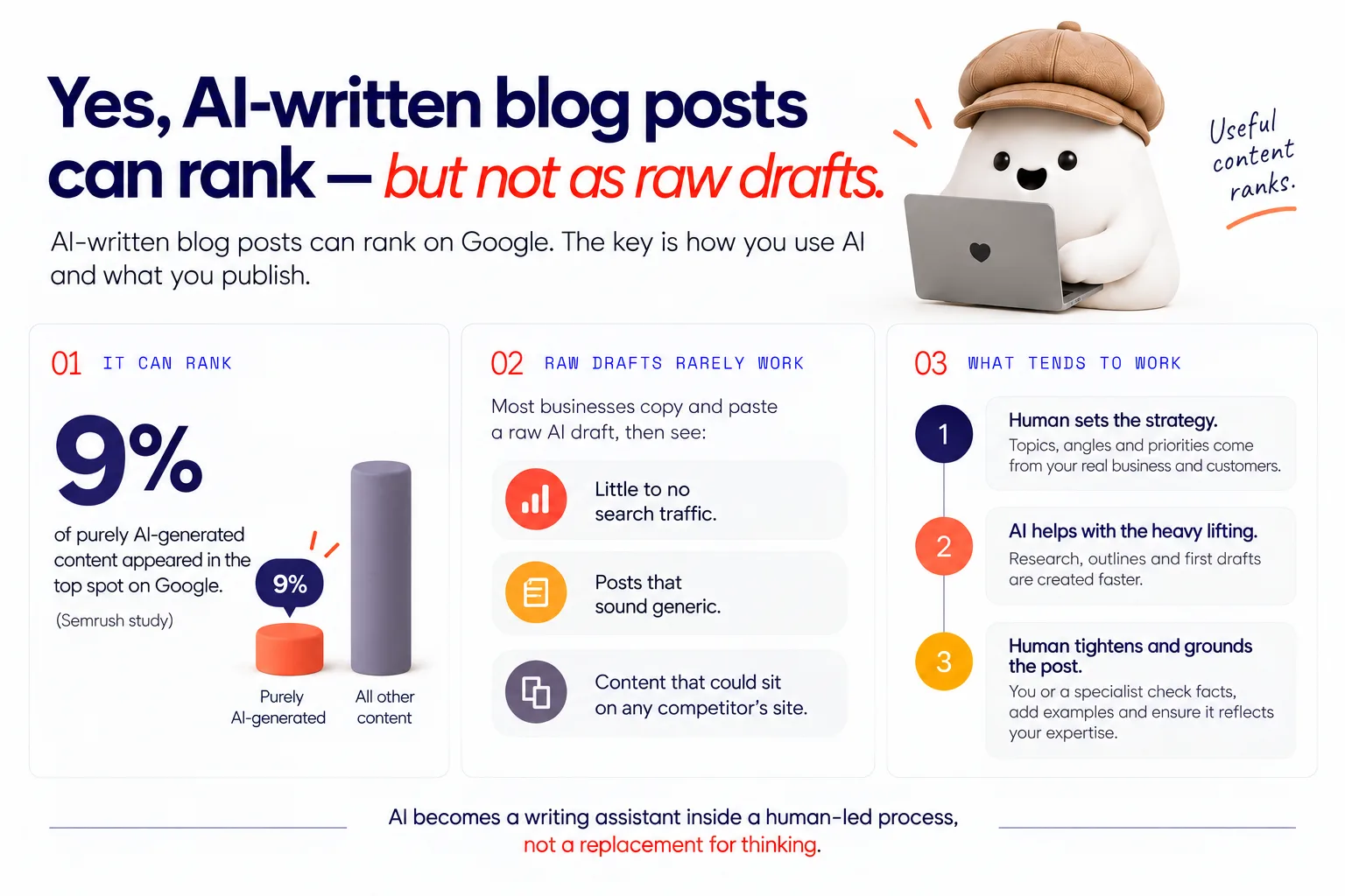 A side-by-side comparison showing a raw AI draft versus a human-led AI-assisted process: raw draft, pasted into CMS, generic, unedited, versus human sets strategy, AI helps with research/outlines/first draft, and human tightens and grounds the post.