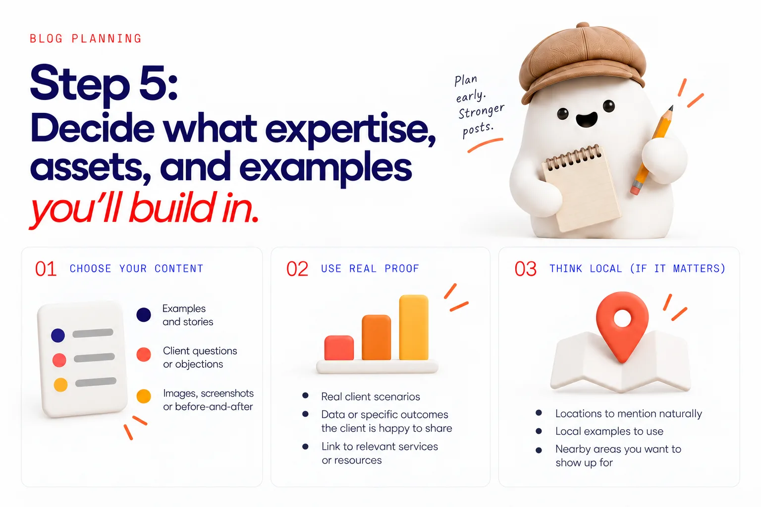 A checklist or planning board with labeled items for examples and stories, client questions or objections, images or screenshots or before-and-after pieces, and existing pages to link to; add a small note about local examples and locations if relevant.