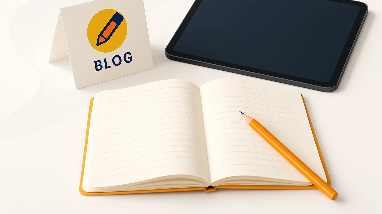 A clean branded graphic shows an open notebook, pencil, folded strategy card, and tablet arranged for blog planning. — blog post planning