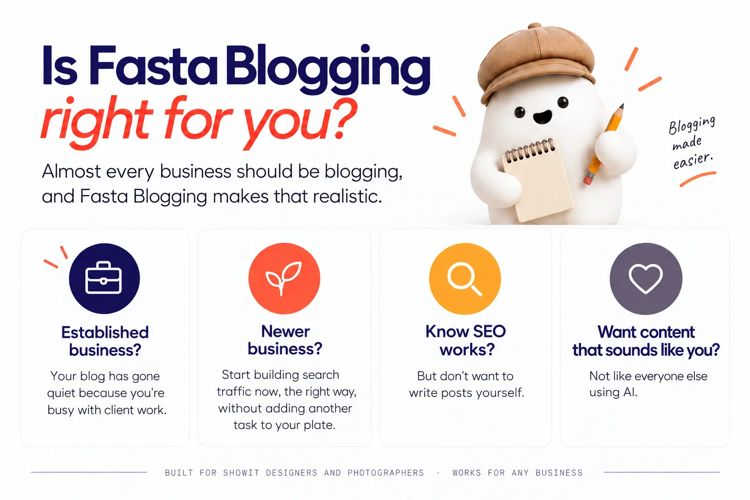 A checklist of the four fit criteria: established business with a quiet blog, newer business wanting to build search traffic without more tasks, knowing SEO works but not wanting to write posts yourself, and wanting content that sounds like you.