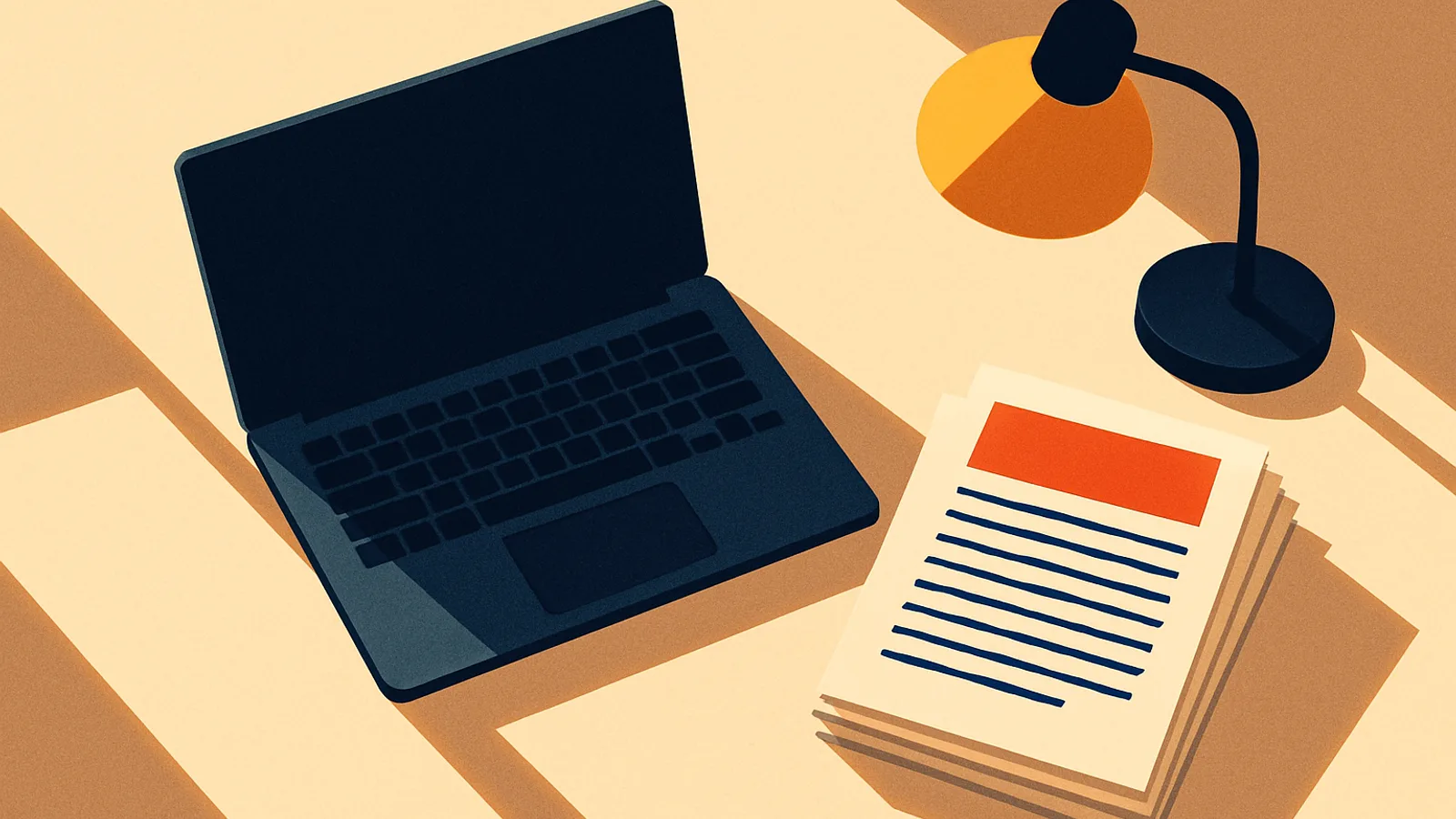 An overhead branded graphic of an open laptop beside a neat stack of blog drafts on a white surface. — fasta blogging