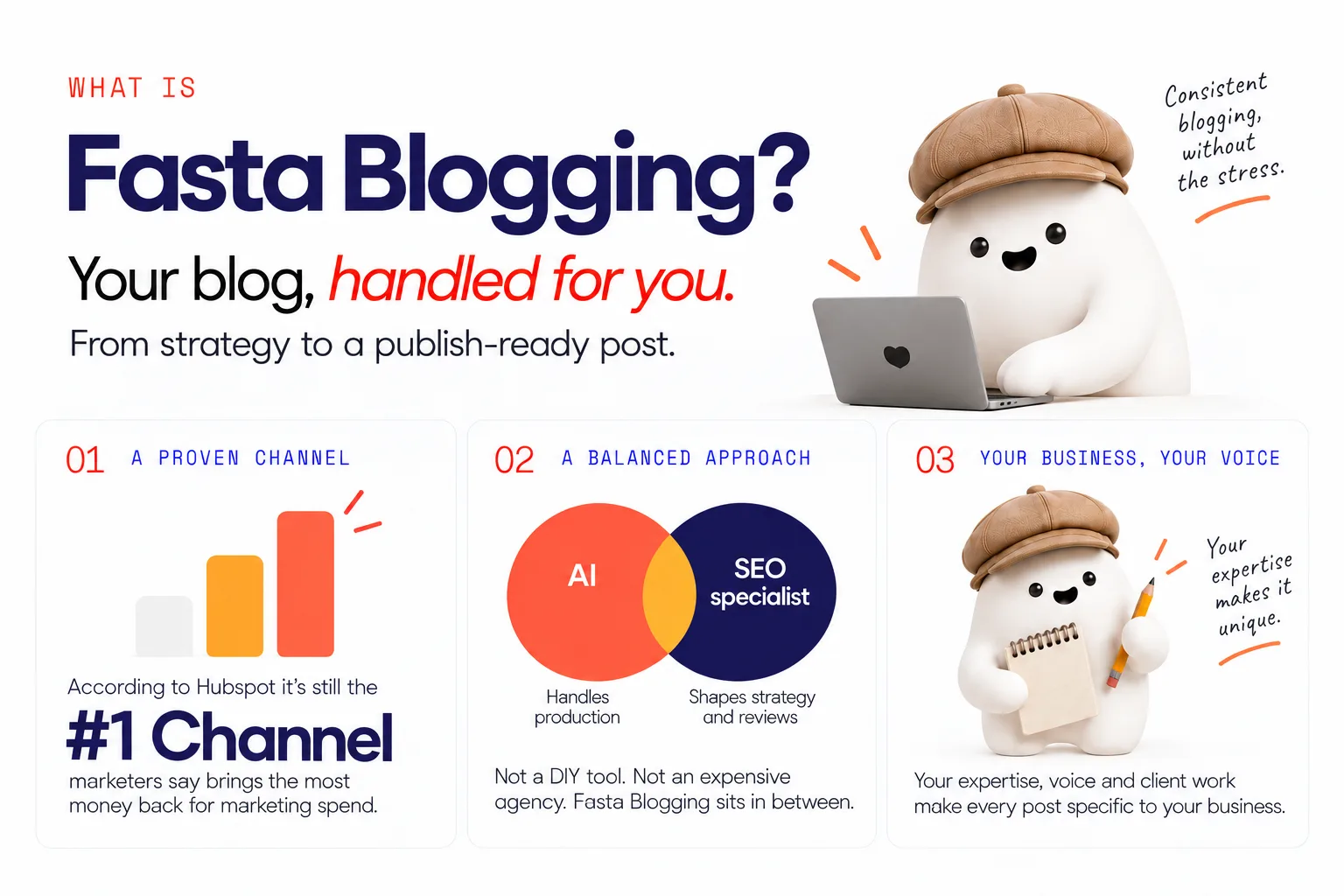 A simple side-by-side comparison showing three models: AI writing tool you manage yourself, expensive agency retainer, and Fasta Blogging in between with AI doing production and an SEO specialist shaping strategy and reviewing content.