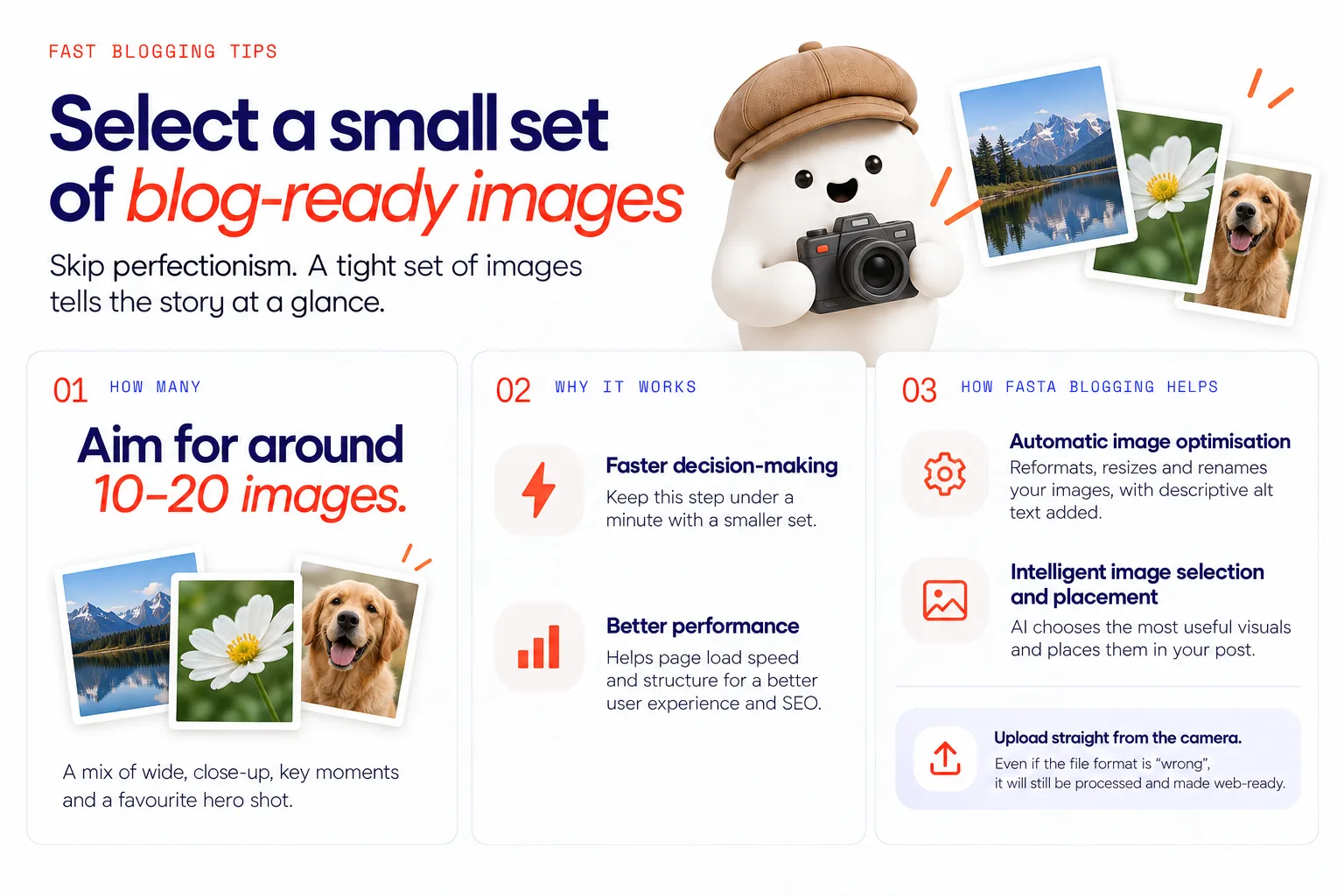 A checklist-style visual showing around 10–20 images, a mix of wide/close-up/key moments/favourite hero shot, and choosing fewer images to keep the step fast and improve page load speed and structure.