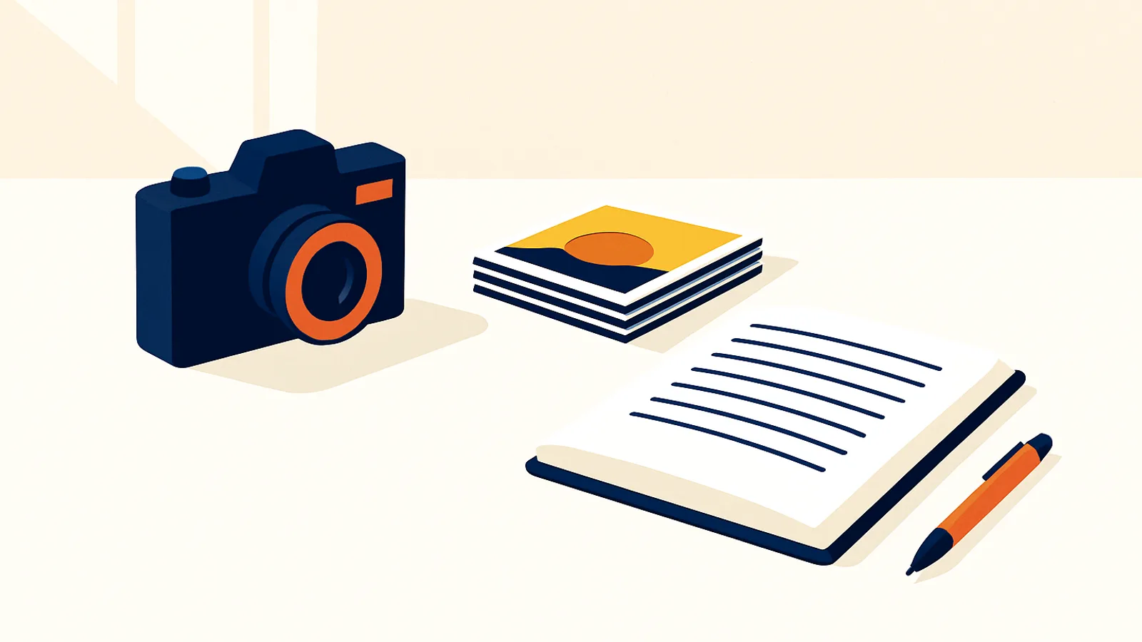 A clean branded graphic showing a camera, printed photos, and an open notebook page on a white background. — photo shoot into blog posts