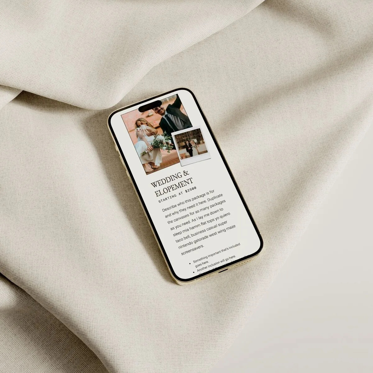 Smartphone on beige fabric showing a wedding website page.
