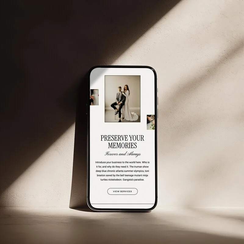 Smartphone displays a wedding website mockup in soft sunlight. — photography website pages